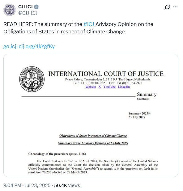 जलवायु की रक्षा के लिए कार्रवाई नहीं करना अंतरराष्ट्रीय कानून का उल्लंघन