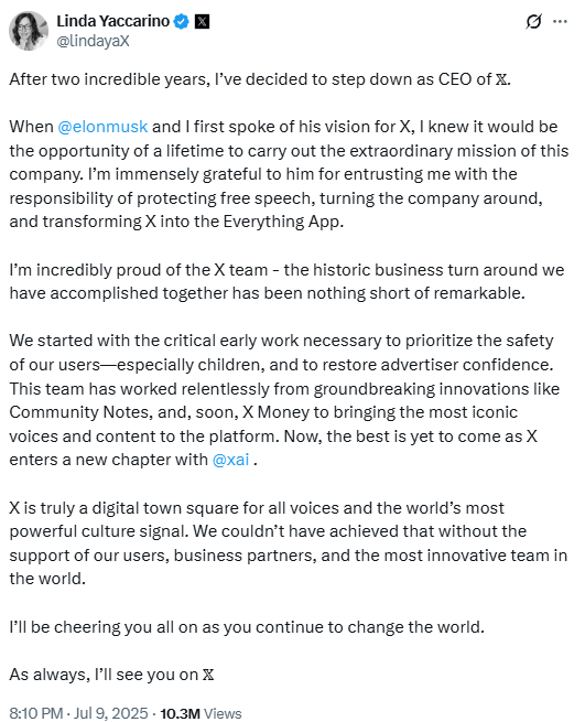 लिंडा जेस्सारिनो ने X के CEO पद से दिया इस्तीफा, 2 साल तक संभाला पद