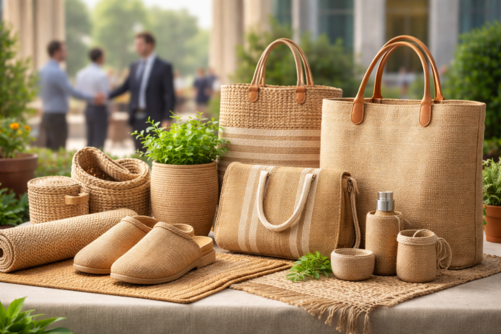 प्राकृतिक रंगों में बने जूट बैग और होम डेकोर आइटम, जो टिकाऊ जीवनशैली को दर्शाते हैं।