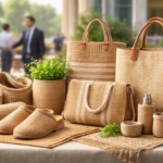 प्राकृतिक रंगों में बने जूट बैग और होम डेकोर आइटम, जो टिकाऊ जीवनशैली को दर्शाते हैं।