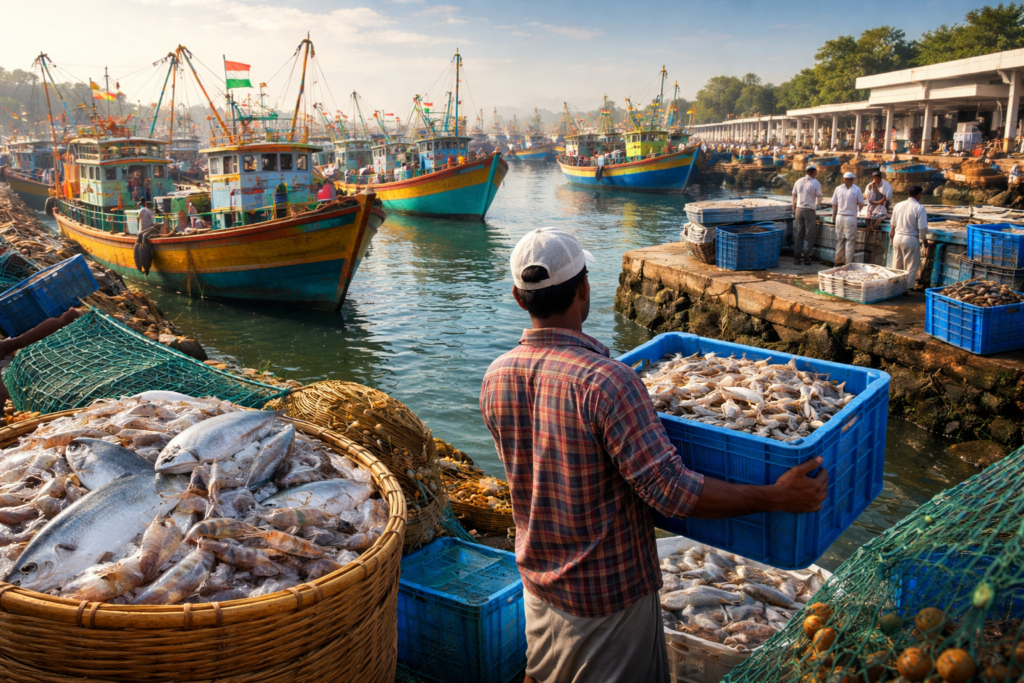 यह छवि भारत में मत्स्य उत्पादन, आधुनिक फिशरी ढांचे और निर्यात क्षमता को दर्शाती है।