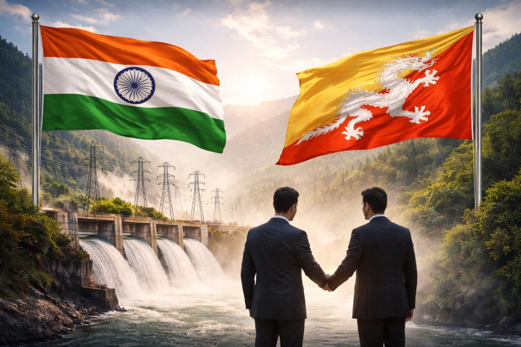 भारत-भूटान ऊर्जा सहयोग से जुड़ी जलविद्युत परियोजनाओं और बिजली पारेषण पर चर्चा का प्रतीकात्मक दृश्य Akhbaar Ekta