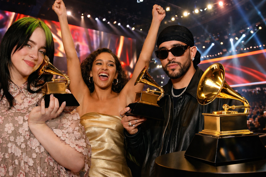 Grammy Awards 2026 में विजेताओं का जश्न मनाते कलाकार