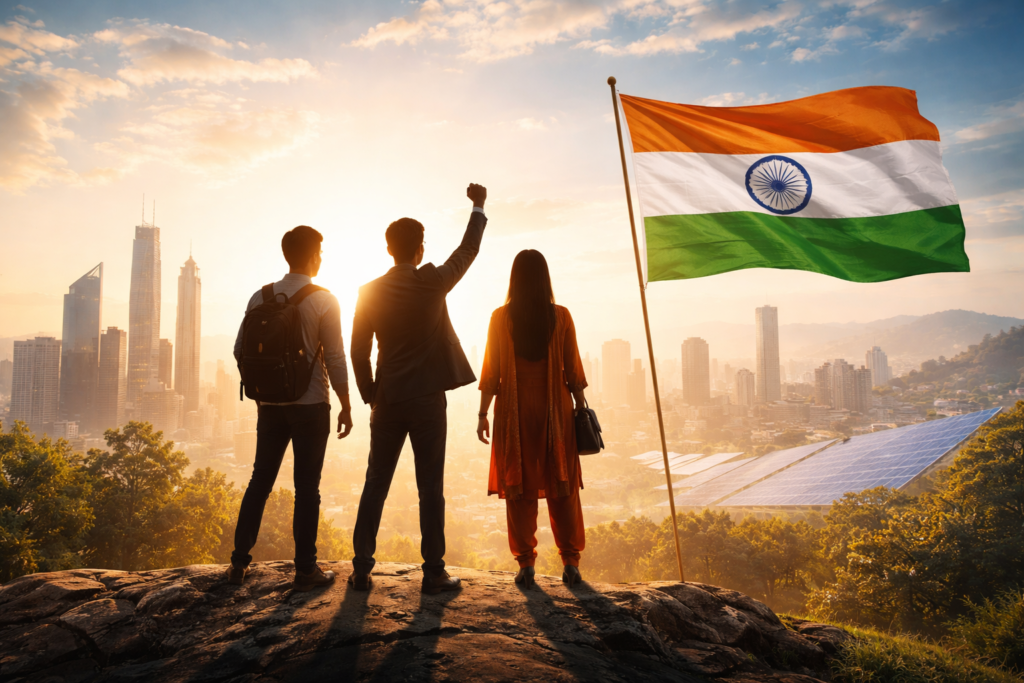 यह चित्र भारत के विकास, आत्मनिर्भरता और आत्मविश्वास की शक्ति को प्रतीकात्मक रूप से दर्शाता है।