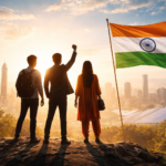 यह चित्र भारत के विकास, आत्मनिर्भरता और आत्मविश्वास की शक्ति को प्रतीकात्मक रूप से दर्शाता है।