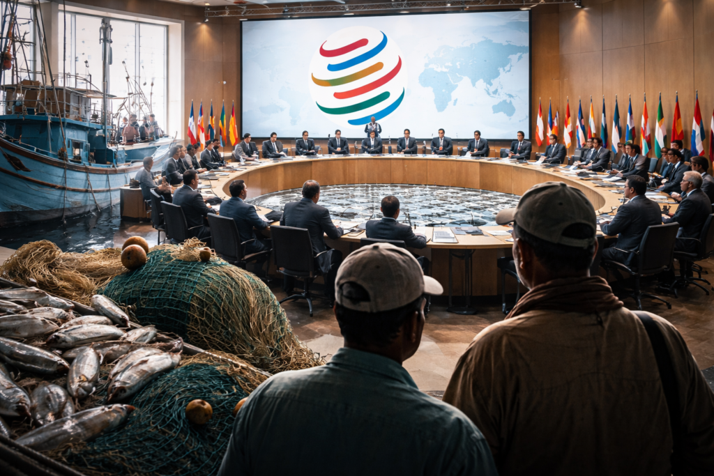 WTO मात्स्यिकी सब्सिडी समझौता और भारत की भूमिका दर्शाता प्रतीकात्मक चित्र