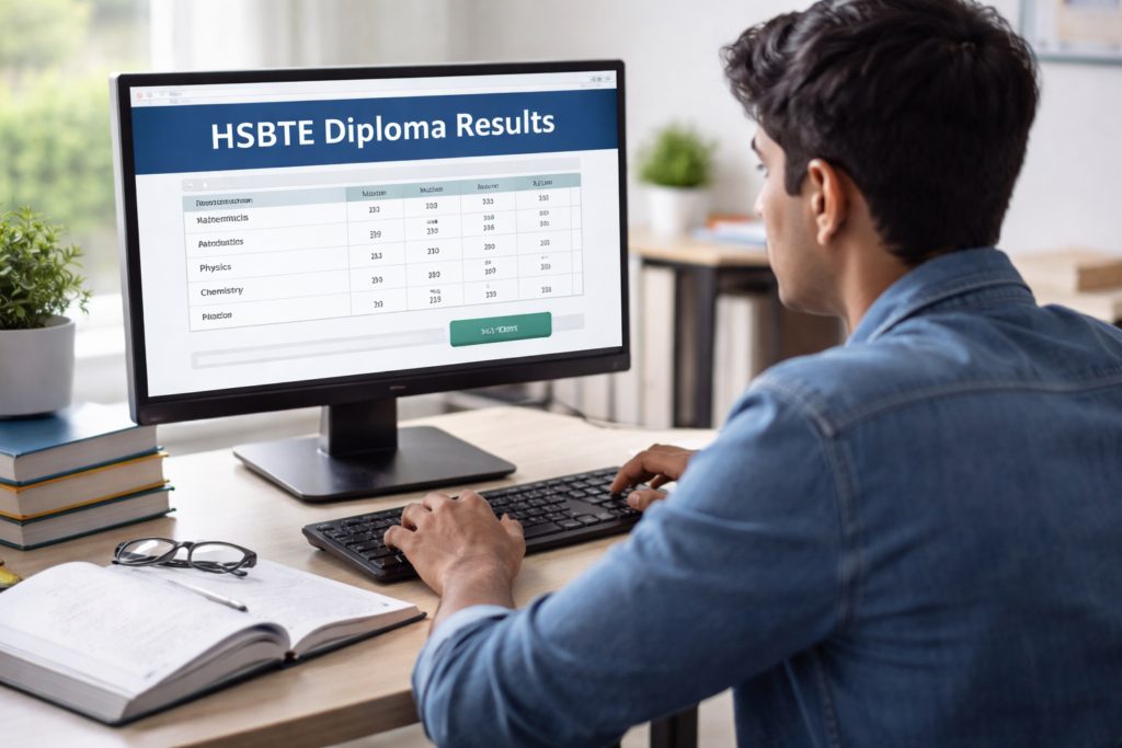 कंप्यूटर स्क्रीन पर HSBTE Diploma Result 2026 चेक करता हुआ छात्र, शैक्षणिक और परीक्षा से जुड़ा दृश्य।