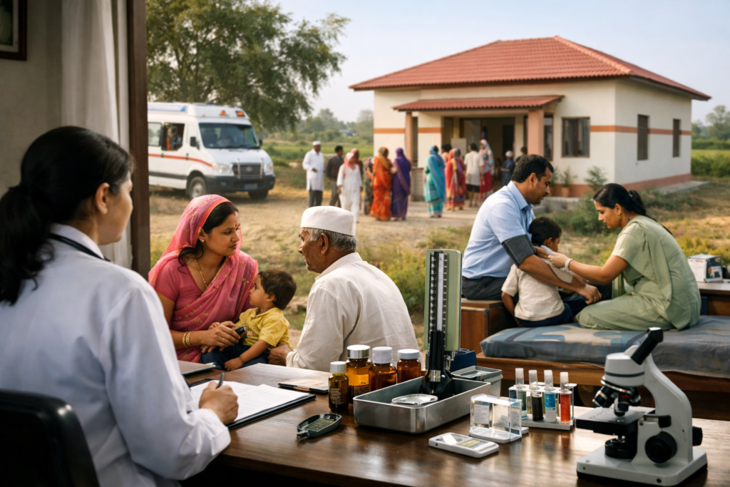 ग्रामीण भारत में आयुष्मान आरोग्य मंदिर के माध्यम से मरीजों को प्राथमिक इलाज और जांच सुविधाएं मिलती हुईं।