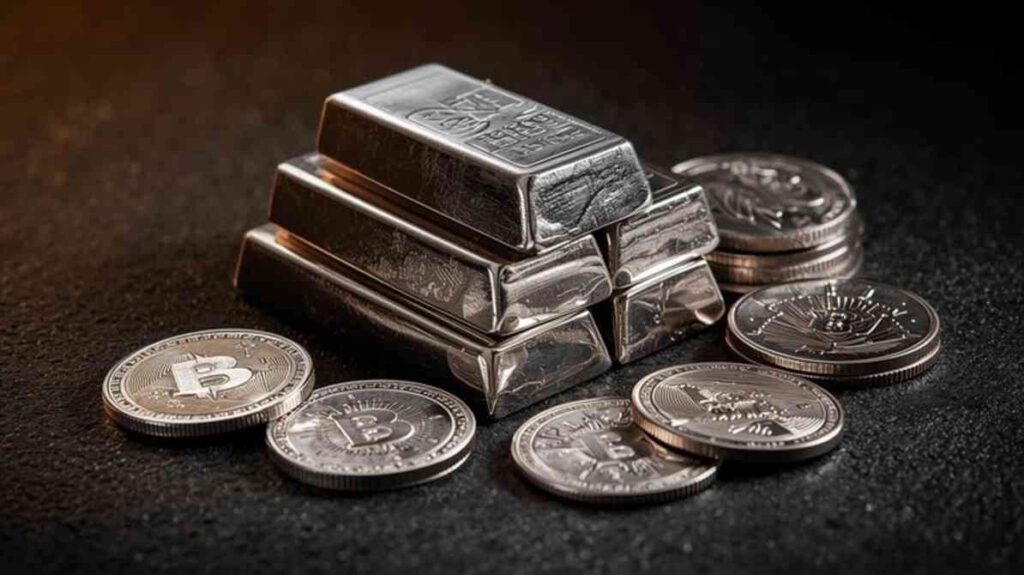 गोल्ड बार और सिल्वर कॉइन के साथ गिरते ग्राफ को दर्शाती हुई इमेज
