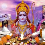 मंदिर परिसर में श्रद्धालु राम नवमी के अवसर पर सत्संग, हवन और भंडारे में भाग लेते हुए