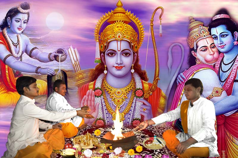 मंदिर परिसर में श्रद्धालु राम नवमी के अवसर पर सत्संग, हवन और भंडारे में भाग लेते हुए