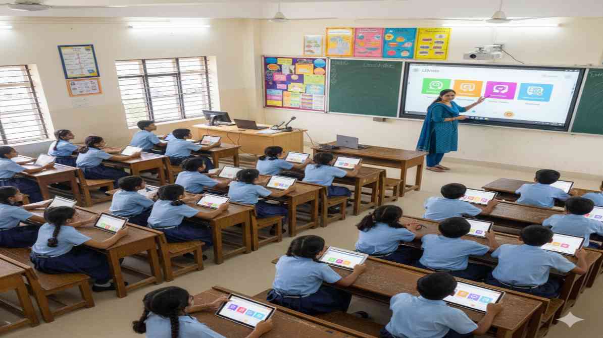 छात्रों के साथ क्लासरूम में पढ़ाई और डिजिटल शिक्षा को दर्शाता दृश्य