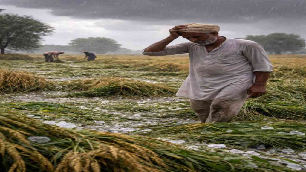 उत्तर भारत के खेतों में बारिश और ओलावृष्टि से खराब हुई फसल का दृश्य, जिसमें किसान नुकसान का आकलन कर रहे हैं।