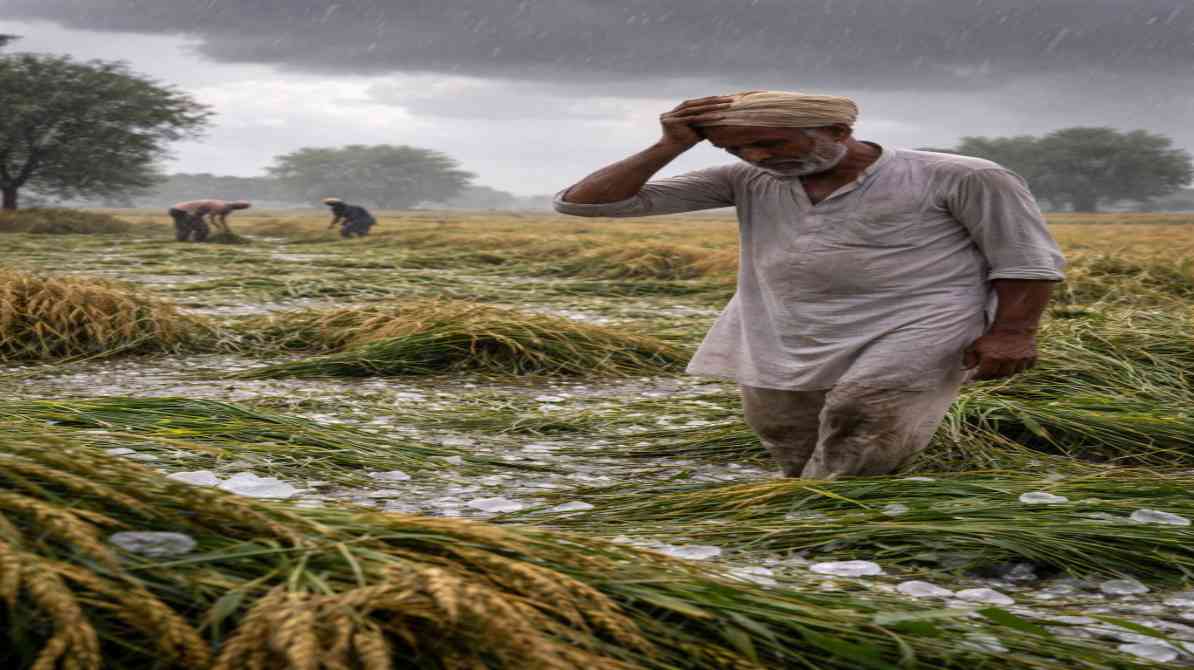 उत्तर भारत के खेतों में बारिश और ओलावृष्टि से खराब हुई फसल का दृश्य, जिसमें किसान नुकसान का आकलन कर रहे हैं।