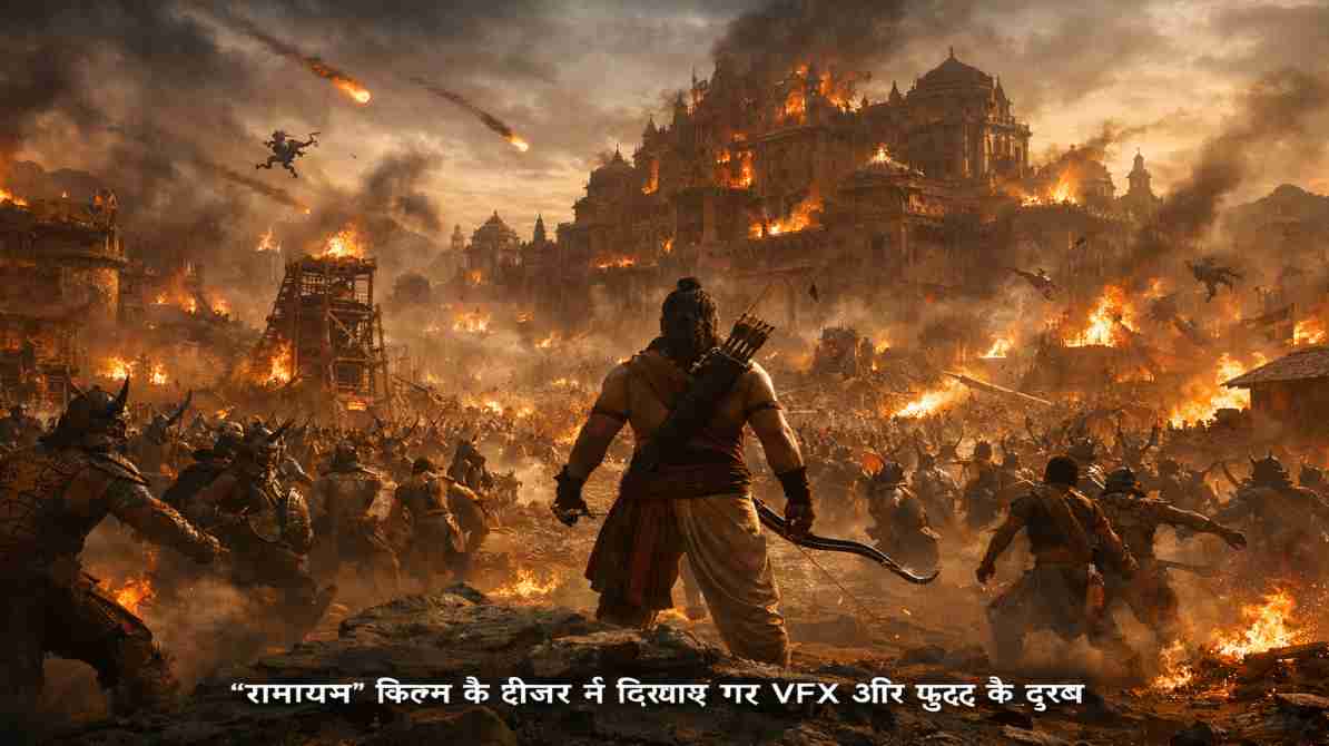 एक भव्य CGI युद्ध दृश्य जिसमें लंका जैसा वातावरण, आग, राक्षस और युद्ध का सिनेमैटिक दृश्य दिखाया गया है