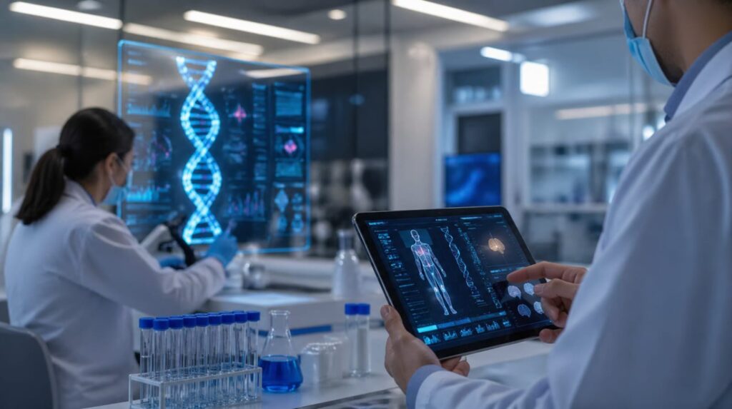 लैब में वैज्ञानिक DNA संरचना का विश्लेषण करते हुए, जो प्रिसिजन मेडिसिन को दर्शाता है।