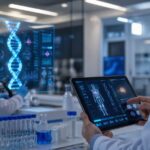 लैब में वैज्ञानिक DNA संरचना का विश्लेषण करते हुए, जो प्रिसिजन मेडिसिन को दर्शाता है।