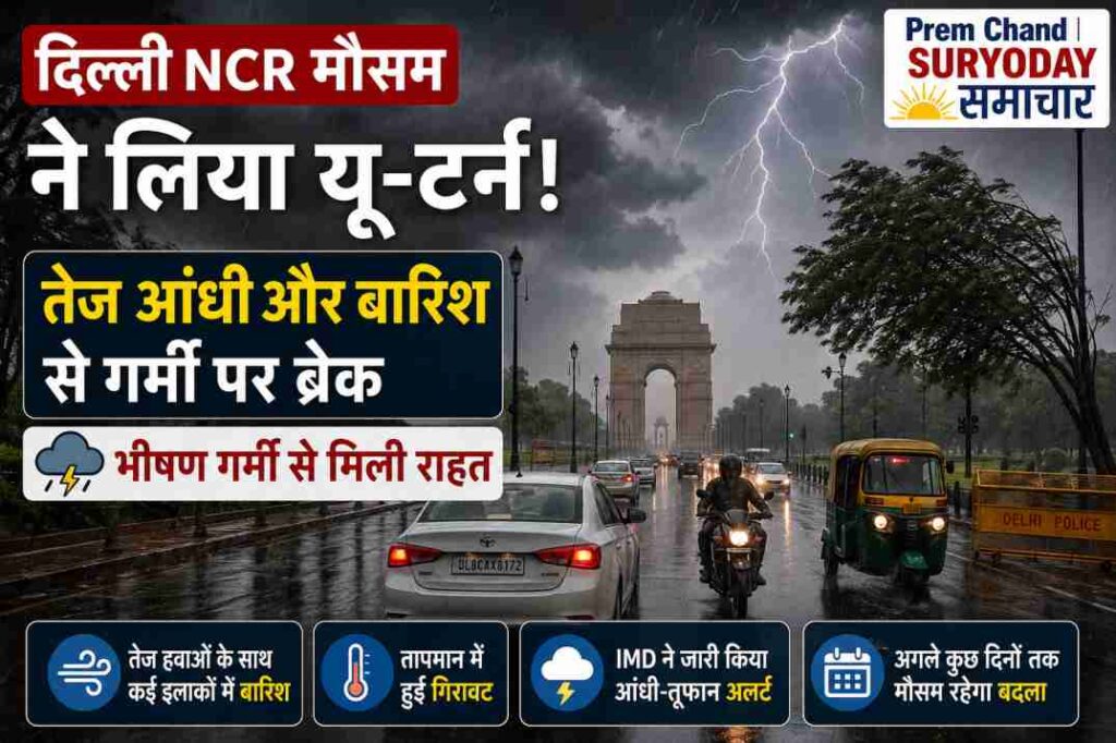 घने बादलों, तेज हवाओं और बारिश के बीच दिल्ली NCR का शहरी दृश्य, जहां मौसम अचानक बदलता हुआ दिख रहा है।