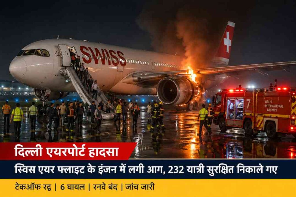इंदिरा गांधी अंतरराष्ट्रीय हवाई अड्डा पर खड़ी स्विस एयर की फ्लाइट, जिसमें इंजन में आग लगने के बाद इमरजेंसी टीम जांच करती नजर आ रही है।