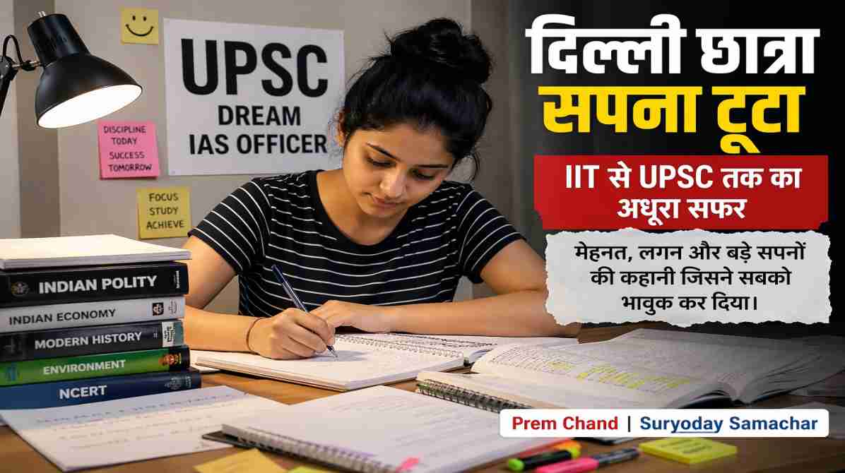 एक छात्रा पढ़ाई करते हुए, किताबों और नोट्स के साथ, जो UPSC की तैयारी को दर्शाता है।