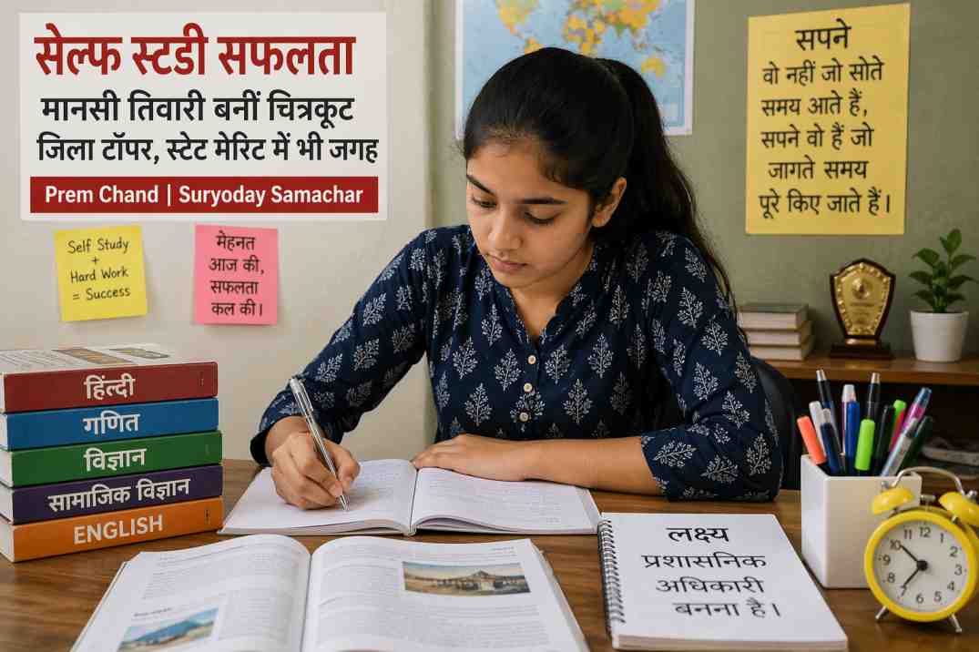 एक छात्रा घर पर किताबों के साथ पढ़ाई करते हुए, जो सेल्फ स्टडी सफलता को दर्शाता है।