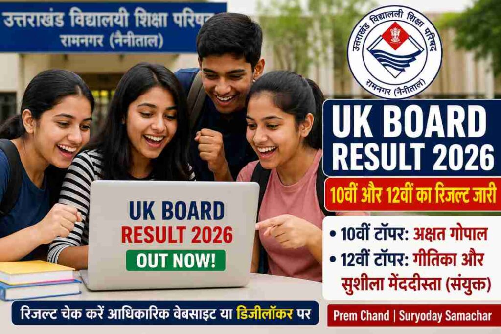 A group of students खुशी के साथ मोबाइल और लैपटॉप पर UK Board Result 2026 चेक करते हुए दिखाई दे रहे हैं।