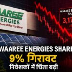 शेयर बाजार स्क्रीन पर गिरता हुआ ग्राफ, लाल संकेतों के साथ Waaree Energies स्टॉक की कमजोरी दर्शाता हुआ