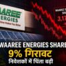 शेयर बाजार स्क्रीन पर गिरता हुआ ग्राफ, लाल संकेतों के साथ Waaree Energies स्टॉक की कमजोरी दर्शाता हुआ