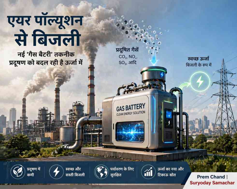 धुएं से भरे औद्योगिक क्षेत्र में गैस बैटरी तकनीक के जरिए प्रदूषण को ऊर्जा में बदलने की प्रक्रिया दर्शाता चित्र