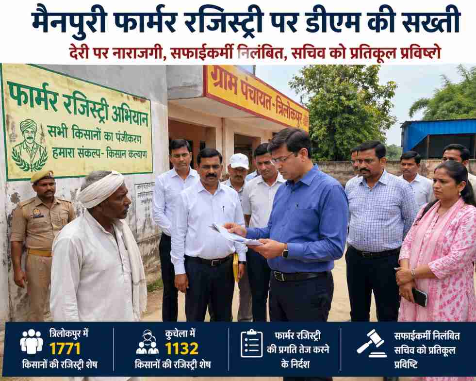 गांव में फार्मर रजिस्ट्री की प्रगति जांचते हुए अधिकारी और कर्मचारी