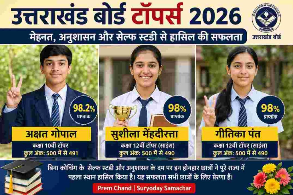 तीनों टॉपर्स अक्षत, सुशीला और गीतिका की पढ़ाई करते हुए या सम्मान प्राप्त करते हुए तस्वीर