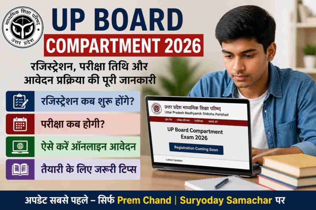 एक छात्र ऑनलाइन UP Board Compartment 2026 की जानकारी देखते हुए, परीक्षा तैयारी का माहौल