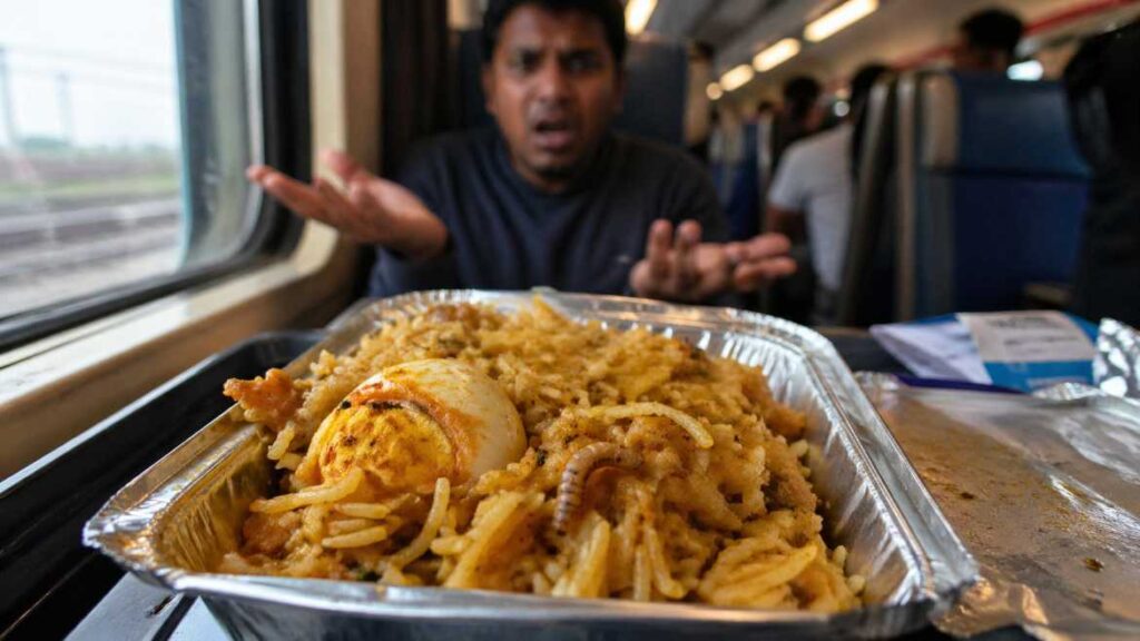 यह चित्र ट्रेन के अंदर परोसे गए खाने को दिखाता है, जिसमें एग बिरयानी में कीड़ा नजर आ रहा है, जो फूड क्वालिटी की समस्या को दर्शाता है।