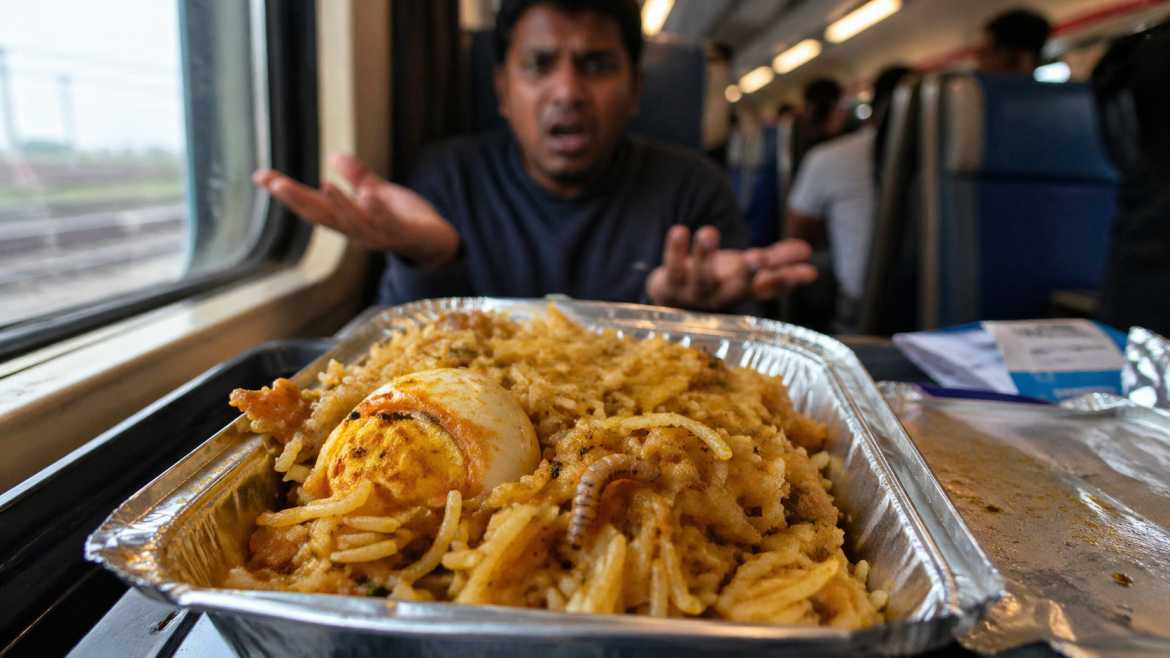 यह चित्र ट्रेन के अंदर परोसे गए खाने को दिखाता है, जिसमें एग बिरयानी में कीड़ा नजर आ रहा है, जो फूड क्वालिटी की समस्या को दर्शाता है।