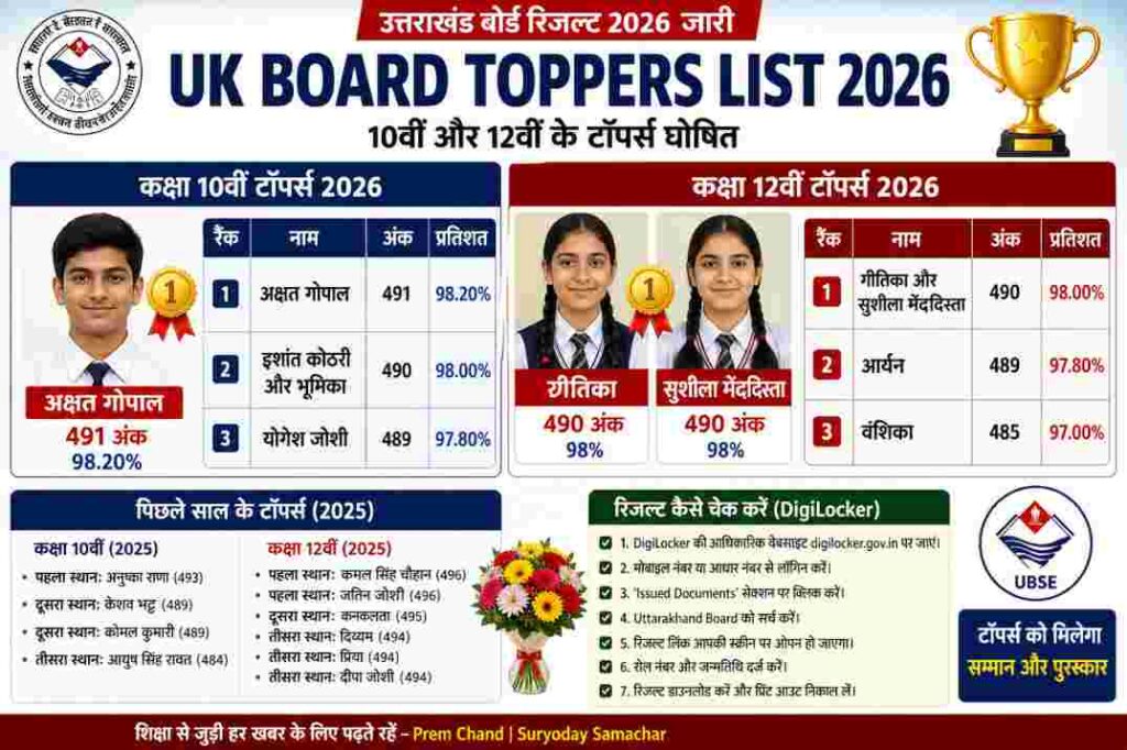 एक ग्राफिक जिसमें 10वीं और 12वीं के टॉपर्स के नाम, अंक और प्रतिशत दिखाए गए हैं।