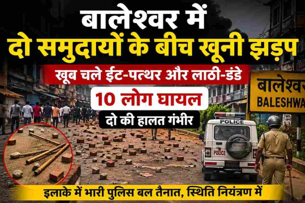 फुलाडी क्षेत्र में हुई बालेश्वर सामुदायिक झड़प के बाद सड़कों पर पुलिस गश्त और तनावपूर्ण माहौल का प्रतीकात्मक दृश्य।