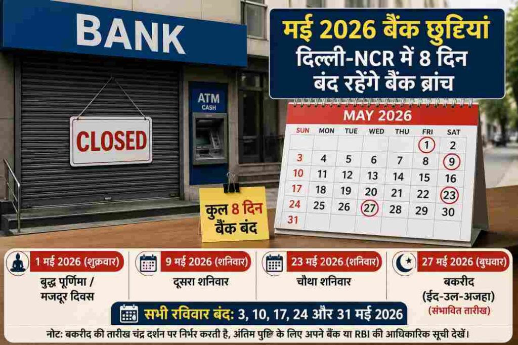 यह चित्र मई 2026 बैंक छुट्टियों को दर्शाता है, जिसमें बैंक ब्रांच बंद है और कैलेंडर में छुट्टियों की तारीखें हाइलाइट की गई हैं।