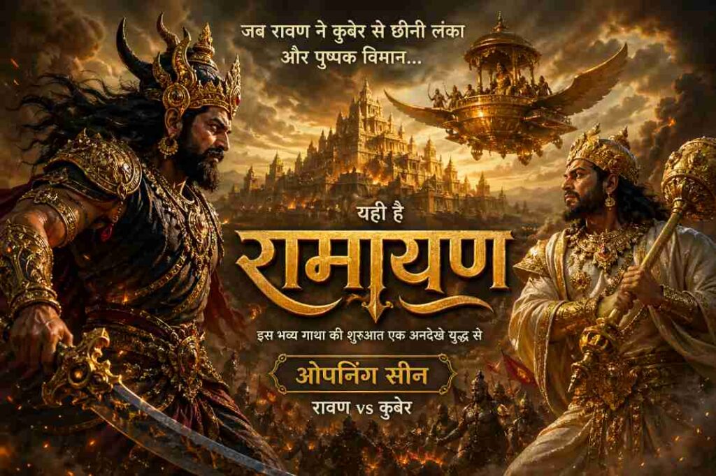 भव्य युद्ध दृश्य जिसमें रावण और कुबेर आमने-सामने हैं, पीछे सोने की लंका और पुष्पक विमान दिखाई दे रहा है।