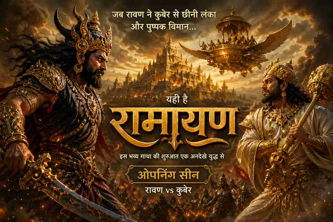 भव्य युद्ध दृश्य जिसमें रावण और कुबेर आमने-सामने हैं, पीछे सोने की लंका और पुष्पक विमान दिखाई दे रहा है।