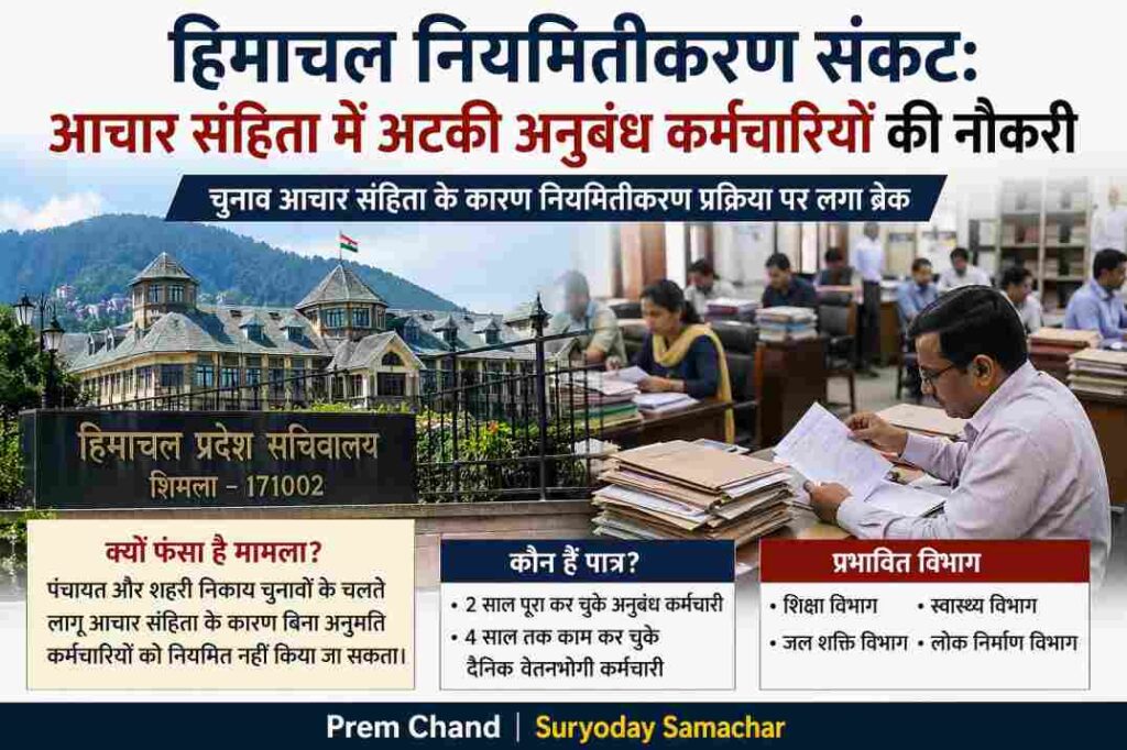 सरकारी कार्यालय का दृश्य जहां कर्मचारी फाइलों के साथ काम कर रहे हैं, जो हिमाचल नियमितीकरण संकट को दर्शाता है।