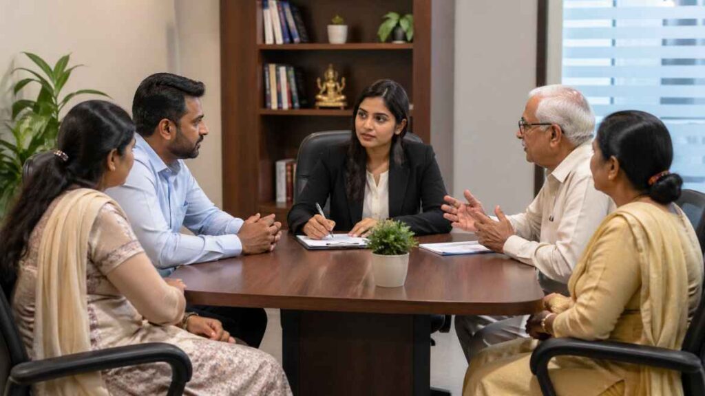एक परिवार परामर्श केंद्र का दृश्य, जहां काउंसलर पति-पत्नी और बुजुर्गों के बीच संवाद के जरिए विवाद सुलझा रहे हैं, शांत और प्रोफेशनल माहौल में।