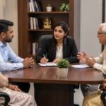 एक परिवार परामर्श केंद्र का दृश्य, जहां काउंसलर पति-पत्नी और बुजुर्गों के बीच संवाद के जरिए विवाद सुलझा रहे हैं, शांत और प्रोफेशनल माहौल में।