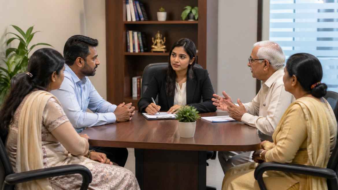एक परिवार परामर्श केंद्र का दृश्य, जहां काउंसलर पति-पत्नी और बुजुर्गों के बीच संवाद के जरिए विवाद सुलझा रहे हैं, शांत और प्रोफेशनल माहौल में।