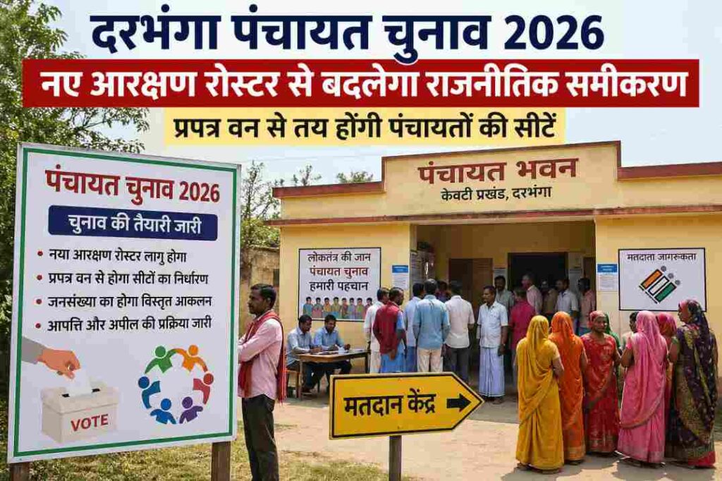पंचायत चुनाव से जुड़ा एक ग्रामीण इलाका, जहां मतदान केंद्र और पंचायत भवन का दृश्य दिखाया गया है, जो चुनावी तैयारी को दर्शाता है।