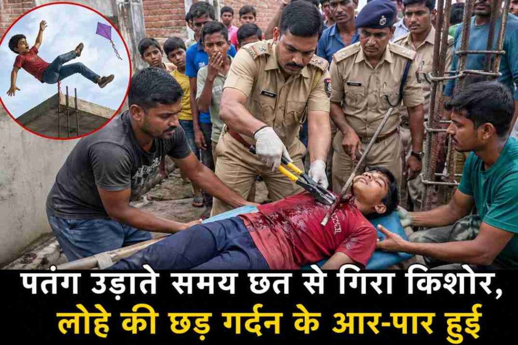 छत से गिरने के बाद लोहे की छड़ में फंसे किशोर को बचाने के दौरान स्थानीय लोग और पुलिस रेस्क्यू करते हुए
