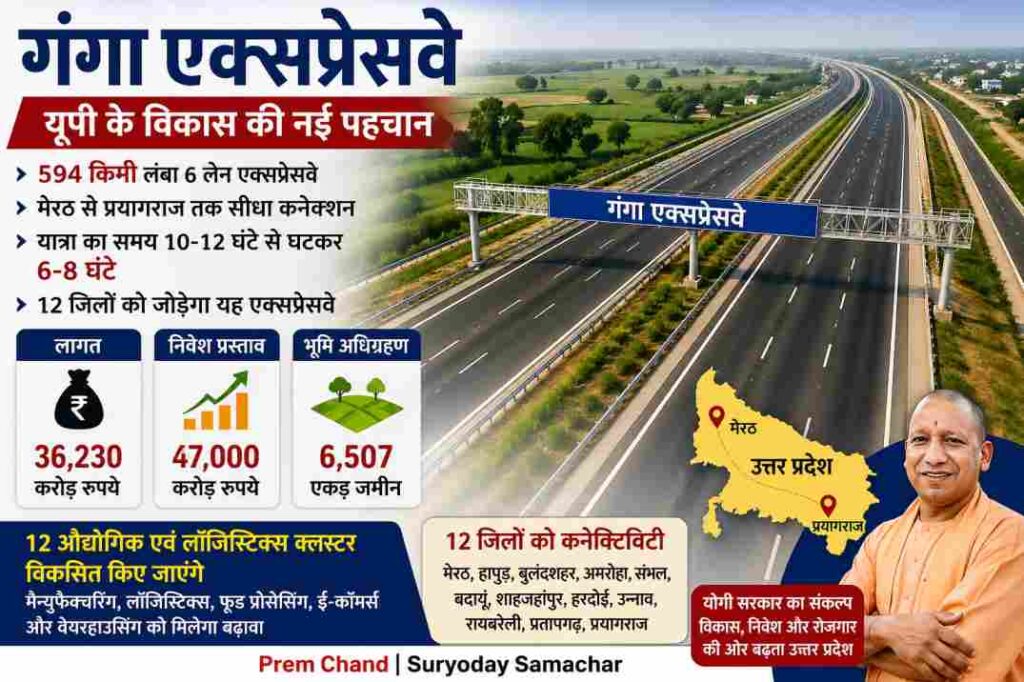एक आधुनिक छह लेन गंगा एक्सप्रेसवे, जो उत्तर प्रदेश के विभिन्न जिलों को जोड़ते हुए तेज यातायात और औद्योगिक विकास को दर्शाता है।