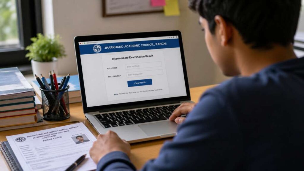 एक छात्र अपने मोबाइल या लैपटॉप पर झारखंड बोर्ड 12वीं रिजल्ट 2026 चेक करते हुए दिखाई दे रहा है, साथ में एडमिट कार्ड रखा है, शांत और वास्तविक वातावरण, बिना किसी टेक्स्ट के, प्रोफेशनल न्यूज़ स्टाइल।