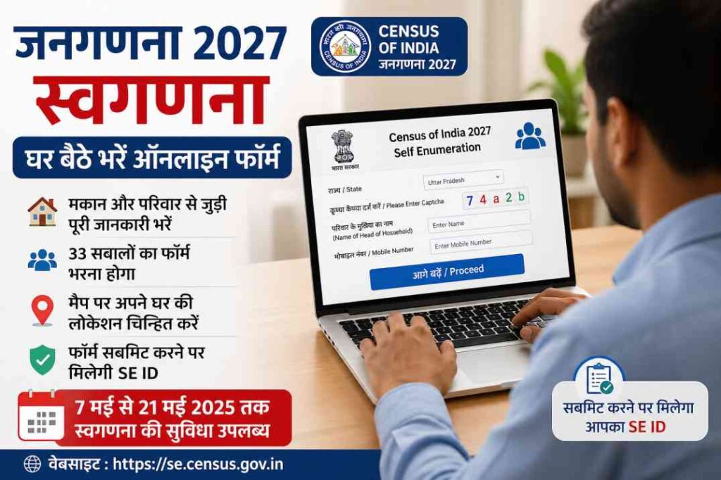 एक व्यक्ति मोबाइल या लैपटॉप पर जनगणना 2027 स्वगणना का ऑनलाइन फॉर्म भरते हुए, स्क्रीन पर सरकारी वेबसाइट खुली हुई दिखाई दे रही है।