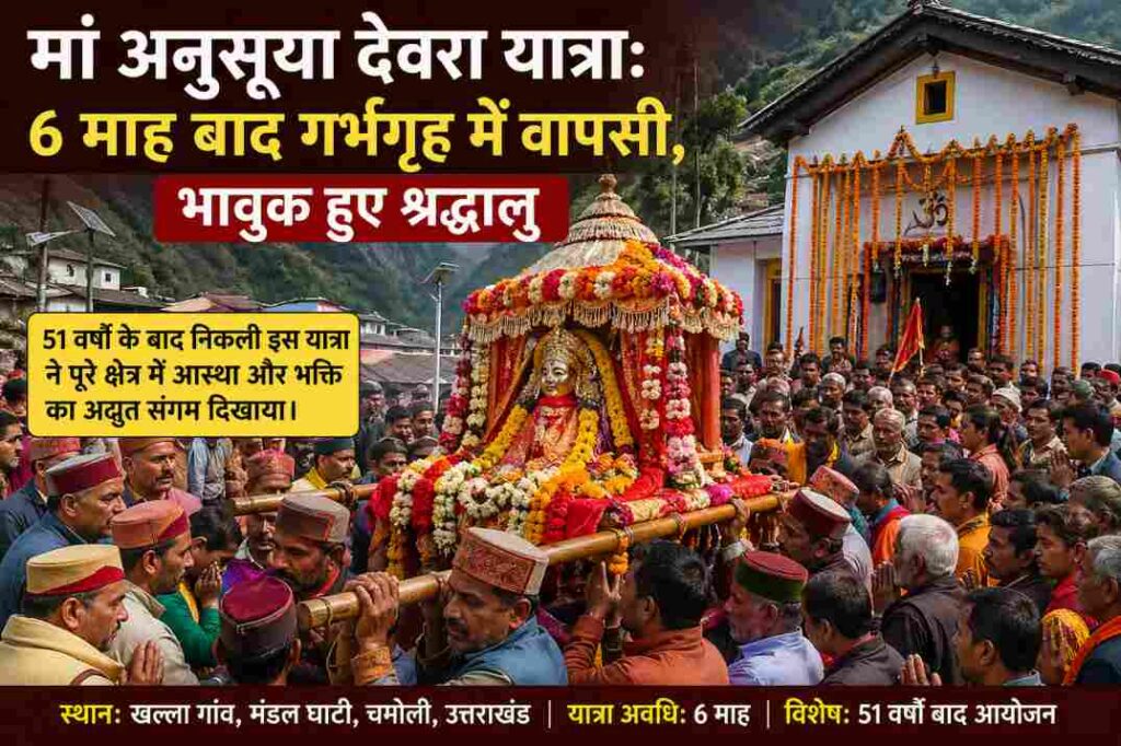 मंदिर परिसर में श्रद्धालुओं की भीड़, देवी की डोली और भक्ति भाव से भरा वातावरण, उत्तराखंड की पारंपरिक झलक