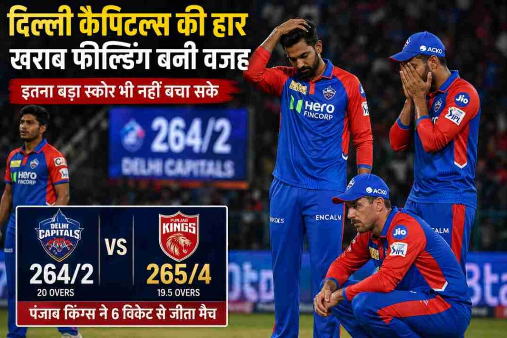 मैच के दौरान दिल्ली कैपिटल्स के खिलाड़ी कैच छोड़ने के बाद निराश दिखते हुए, पृष्ठभूमि में स्कोरबोर्ड दिखाई दे रहा है।